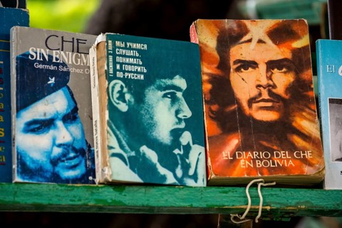 Antiquarian bookshop, used books about Ernesto Che Guevara at the flea market in the streets of Old