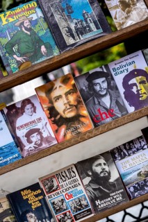 Second-hand bookshop, used books about Ernesto Che Guevara and Fidel Castro at the flea market in