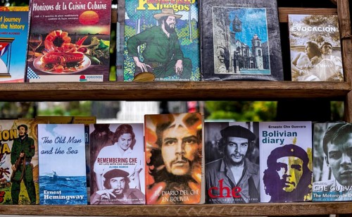 Second-hand bookshop, used books about Ernesto Che Guevara and Fidel Castro at the flea market in