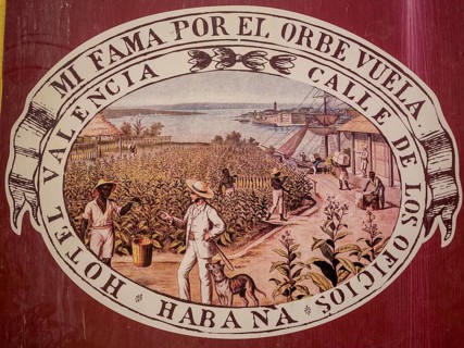 Tobacco poster in front of a Cuban cigar shop, La Habana, Cuba, Caribbean, Central America, Cuba,