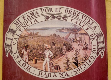Tobacco poster in front of a Cuban cigar shop, La Habana, Cuba, Caribbean, Central America, Cuba,