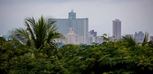 View from the fort to the old town of Havana with the residential skyscrapers, La Habana, Havana,