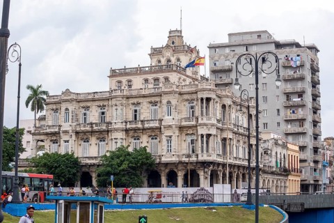 Spanish Embassy with the flags of Spain and the European Union, Embajada de Espana, La Habana,