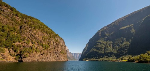 Fjord, Nærøyfjord, rock faces, mountains, blue sky, Styvi, Sogn og Fjordane, Norway, Scandinavia,