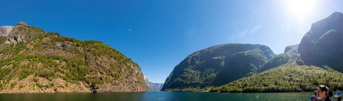 Fjord, Nærøyfjord, rock faces, mountains, blue sky, sunshine, Styvi, Sogn og Fjordane, Norway,