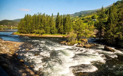 Fjord near the city of Bergen, small island, spruces, rapids, large stones, blue sky, Hordaland,