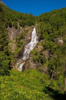 Waterfall near Stahlheim, mountains, baür sky, Skulestadmo, Hordaland, Norway, Scandinavia, Europe,