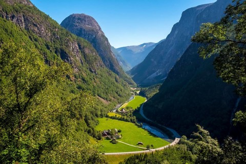 Valley, green meadows, path, rock faces, blue sky, Stalheim, Hordaland, Norway, Scandinavia,