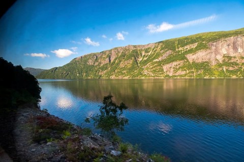 Fjord landscape, rocky forests, blue sky, white clouds, Fyllingsdalen, Hordaland, Norway,