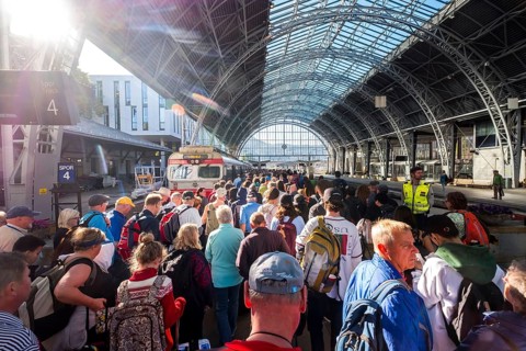 Tourists at Bergen railway station, glass dome roof, train, Bergen, Hordaland, Norway, Scandinavia,