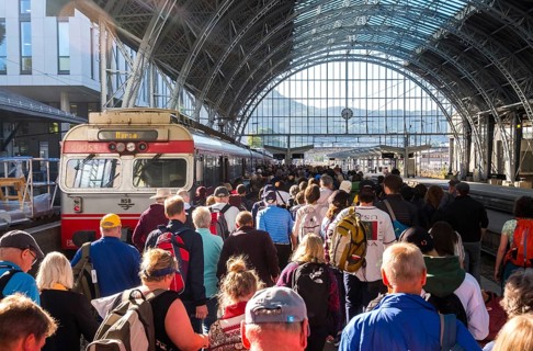 Tourists at Bergen railway station, glass dome roof, train, Bergen, Hordaland, Norway, Scandinavia,