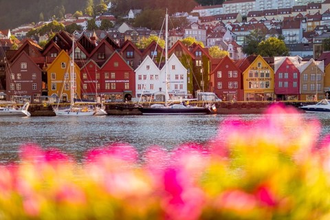 Colourful row of houses in the harbour of the city of Bergen, sailing ships, Hordaland, Norway,