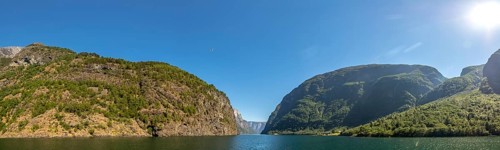 Fjord, Nærøyfjord, rock faces, mountains, blue sky, sunshine, Styvi, Sogn og Fjordane, Norway,