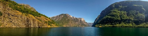 Fjord, Nærøyfjord, rock faces, mountains, blue sky, Styvi, Sogn og Fjordane, Norway, Scandinavia,