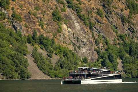 Catamaran, The Fjords, excursion boat, fjord, Nærøyfjorden, cliffs, trees, Styvi, Sogn og Fjordane,