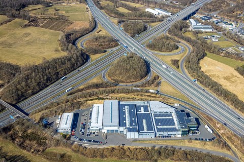 Aerial view, motorway junction Olpe-Süd, motorway A4 and motorway A45, commercial area Gerlingen