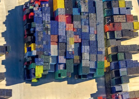 Aerial view, colourful coloured beverage crates of H. Leiter GmbH Leergutlogistik, shapes and
