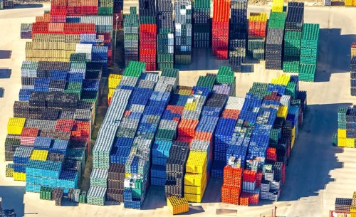Aerial view, colourful coloured beverage crates of H. Leiter GmbH Leergutlogistik, shapes and