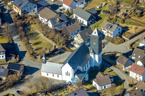 Aerial view, St. Antonius Church in Hillmicke, Wenden, Sauerland, North Rhine-Westphalia, Germany,