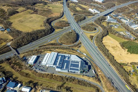 Aerial view, motorway junction Olpe-Süd, motorway A4 and motorway A45, commercial area Gerlingen