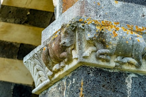 Sardinia, animal motifs cow capital, Santissima TrinitÃƒÂ di Saccargia, Romanesque church,