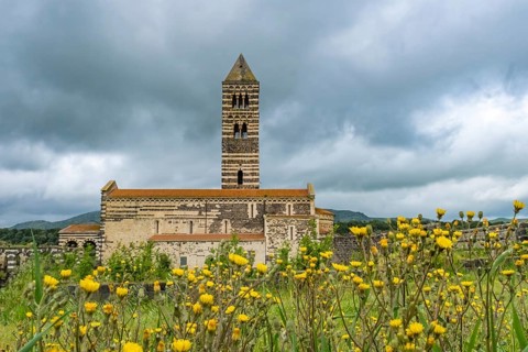 Sardinia, Santissima TrinitÃƒÂ di Saccargia, Romanesque church, flower meadow, Codrongianos,