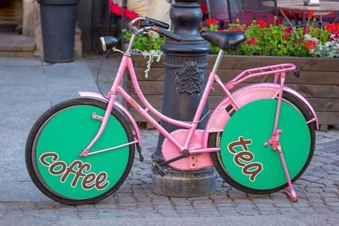 GdaÅsk, pink bicycle, cafe advertisement, Gdansk, Baltic Sea coast, Baltic Sea, pomorskie,