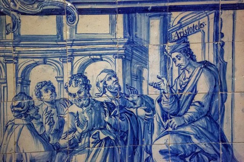 Aristotle teaches on the tiles, classical azuleros in the university, Colégio do Esírito Santo, old