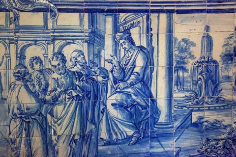Aristotle teaches on the tiles, classical azuleros in the university, Colégio do Esírito Santo, old