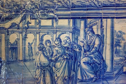 Aristotle teaches on the tiles, classical azuleros in the university, Colégio do Esírito Santo, old