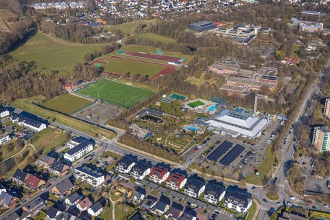 Aerial view, Aqua Spa and Aqua Fun Soest adventure pool, football stadium and athletics stadium Am