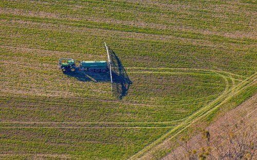 Aerial view, Tractor and agricultural spraying machine on a field, Paradiese, Soest, Soester Börde,