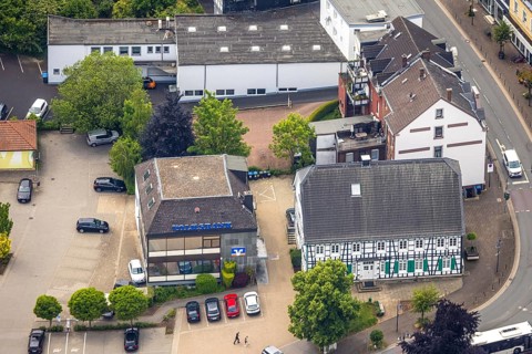 Aerial view, Volksbank head office Mühlenstraße, half-timbered house Schultenhof Leveringhaus,