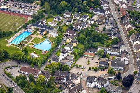 Aerial view, outdoor swimming pool Sprockhövel at Baumhof stadium, on the right Volksbank