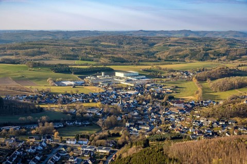 Aerial view, town centre Stockum (Sauerland) with catholic St. Pankratius church,