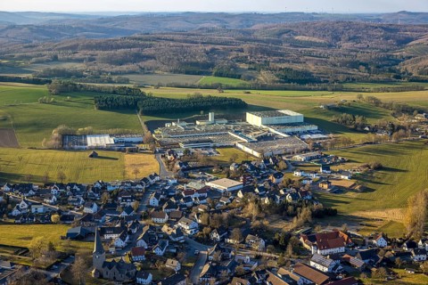 Aerial view, town centre Stockum (Sauerland) with catholic St. Pankratius church,