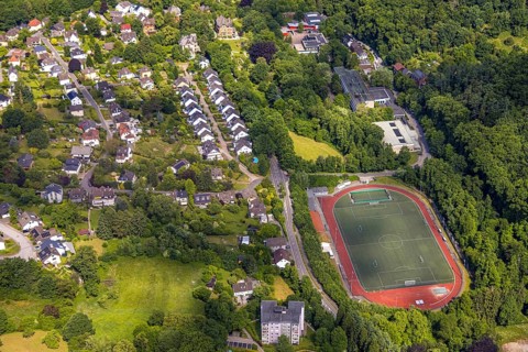 Aerial view, city of Velbert sports facility Nizzatal football stadium and athletics stadium,