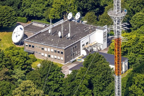 Aerial photo, radio masts Westdeutscher Rundfunk transmitter Langenberg in nature reserve, WDR