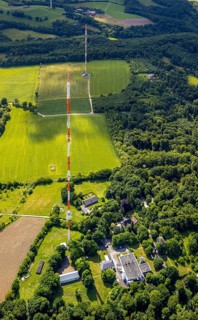 Aerial photo, radio masts Westdeutscher Rundfunk transmitter Langenberg in nature reserve, meadows