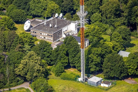 Aerial photo, radio masts Westdeutscher Rundfunk transmitter Langenberg in nature reserve, WDR