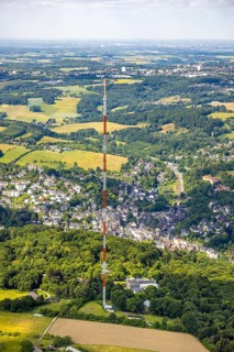 Aerial view, radio masts Westdeutscher Rundfunk transmitter Langenberg in nature reserve, local