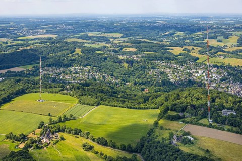 Aerial view, radio masts Westdeutscher Rundfunk transmitter Langenberg in the nature reserve Wiesen