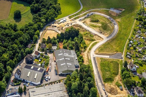 Aerial view, construction site and development of new residential area Fellershof an der