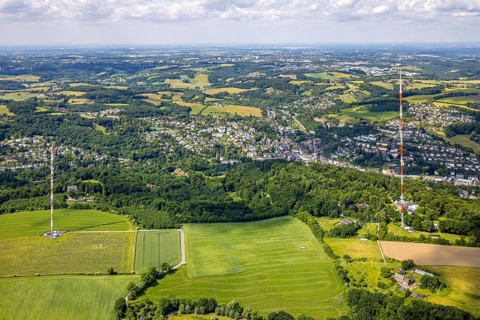 Aerial view, radio masts Westdeutscher Rundfunk transmitter Langenberg in the nature reserve Wiesen