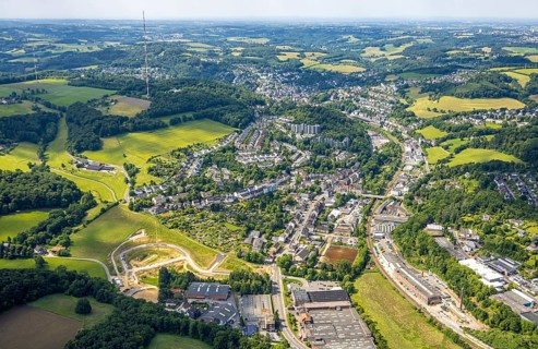 Aerial view, residential area local view Langenberg, hilly landscape and radio mast, below
