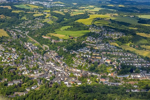 Aerial view, residential area, local view Langenberg centre, hilly landscape, Oberbonsfeld,