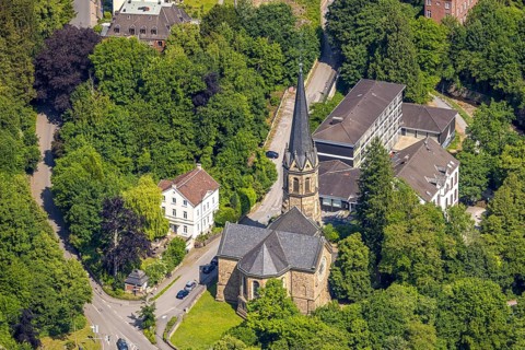 Aerial view, EventKirche Langenberg venue, catholic kindergarten and public library, Langenberg,