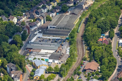 Aerial view, commercial area Vosskuhlstraße, Langenberg, railway tracks and suburban railway,