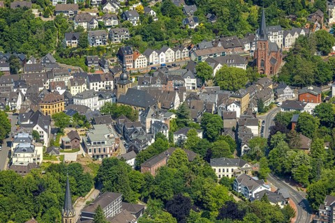 Aerial view, Old Town with Protestant Old Church Langenberg and Catholic Church St. Michael,