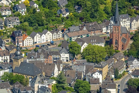 Aerial view, Old Town with Protestant Old Church Langenberg and Catholic Church St. Michael,